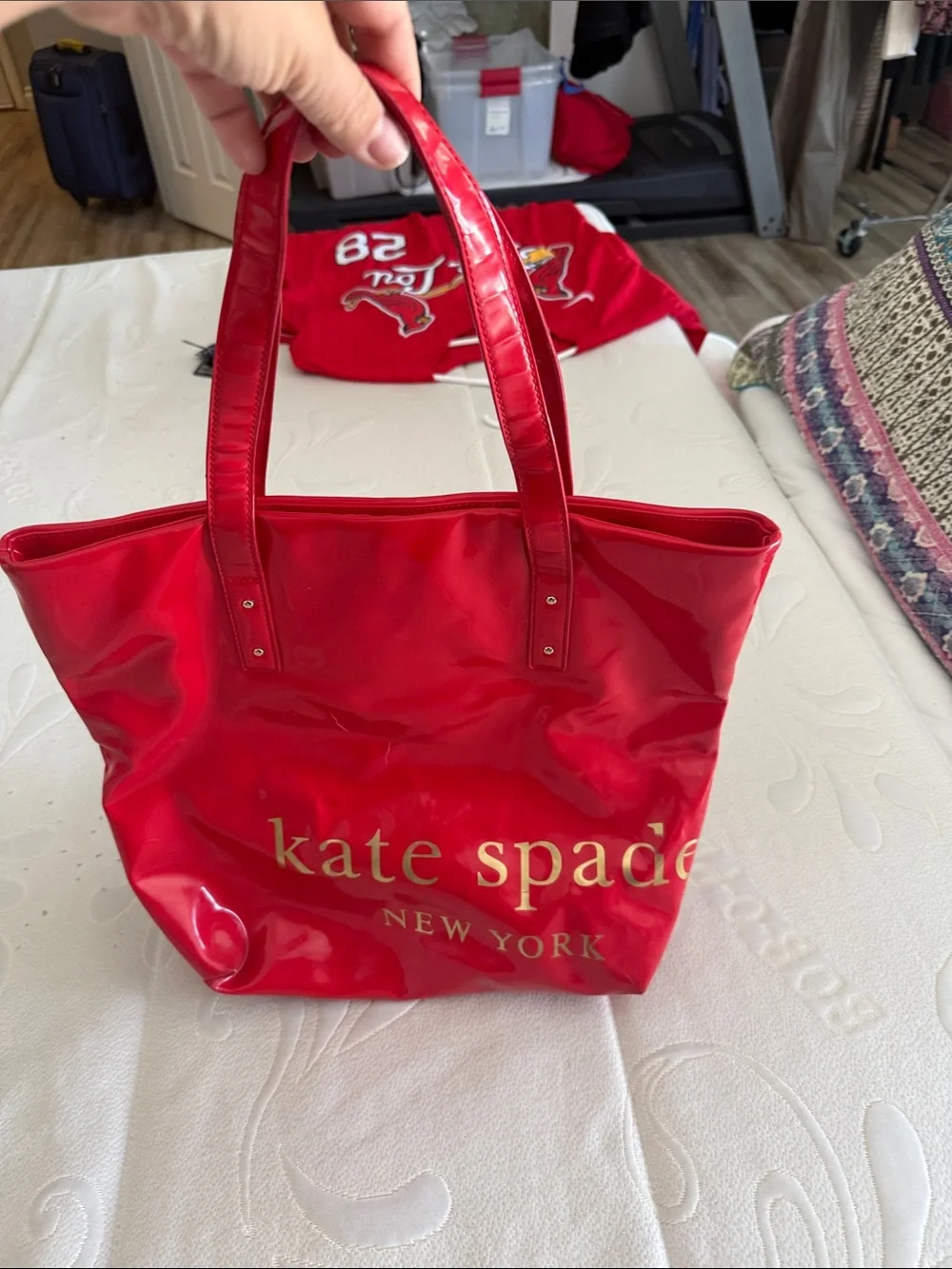 kate spade Red Patent Leather Tote with Gold Logo